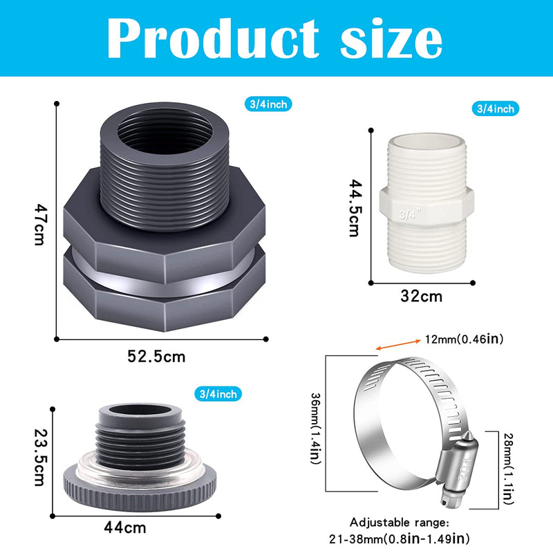 [Australia - AusPower] - Tnuocke 4PCS PVC Bulkhead Fitting 3/4 Inch with Plugs,water Pipe Connector,(21-38mm)Hose Clamps Kit,Water Tank Connector Adapter,Thru-Bulk Pipe Fitting for Rain Barrels,Water Tanks,Pools(Grey)H-07 4Pcs 3/4inch kit 