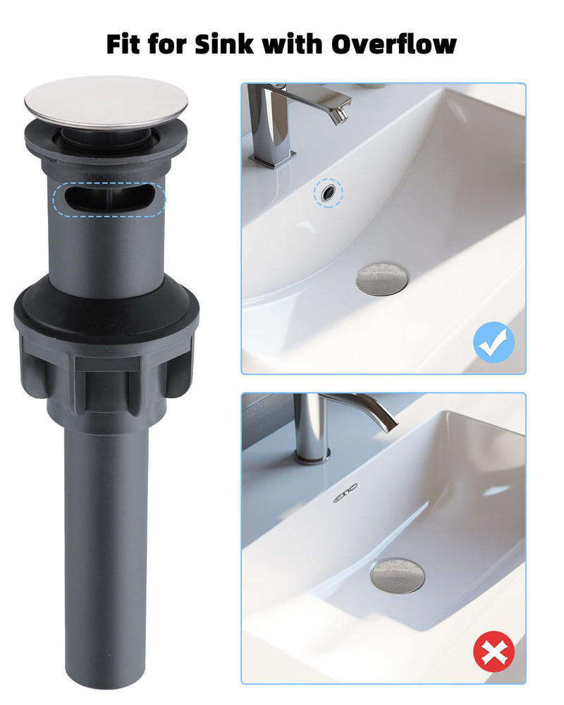 [Australia - AusPower] - Hygie Rinse 2Pack Pop Up Sink Drain with Overflow, Bathroom Sink Stopper for Vessel Sink, Push and Seal Vessel Sink Drainer Stopper, Anti-Clogging Strainer, Brushed Nickel Brushed Nickel Finish 2 