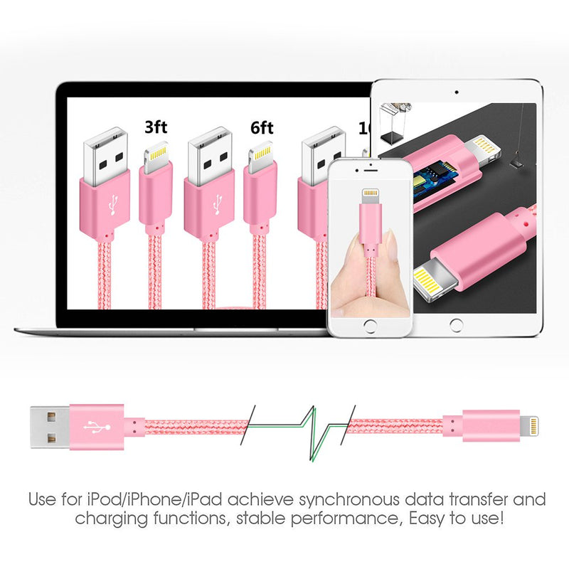 [Australia - AusPower] - 4Pack(3ft 6ft 6ft 10ft) iPhone Lightning Cable Apple Certified Braided Nylon Fast Charger Cable Compatible iPhone Max XS XR 8 Plus 7 Plus 6s 5s 5c Air iPad Mini iPod (Pink) Pink 