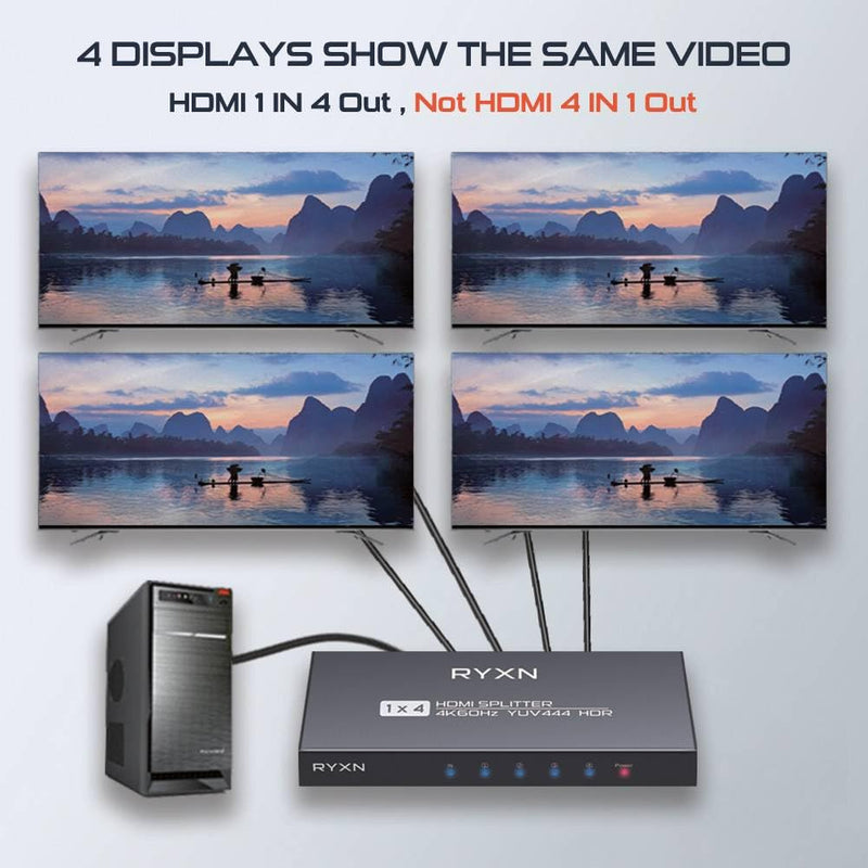 [Australia - AusPower] - HDMI Splitter 1 in 4 Out 4K@60Hz, HDMI Splitter 1x4 Support HDMI 2.0, YUV 4:4:4, HDCP 2.3, EDID, LPCM 7.1, for PS5/PS4, Xbox, Roku, Apple TV, Fire Stick, Blu-ray Player RY-HDS104 