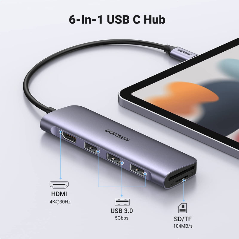 [Australia - AusPower] - UGREEN USB C Hub, 6-in-1 USB C to USB Adapter, 4K HDMI Adapter Multiport Dongle, 3 USB 3.0 Ports, SD/TF Card Reader, USB Converter Compatible with Laptop, MacBook Pro, iPad and More Type C Devices 