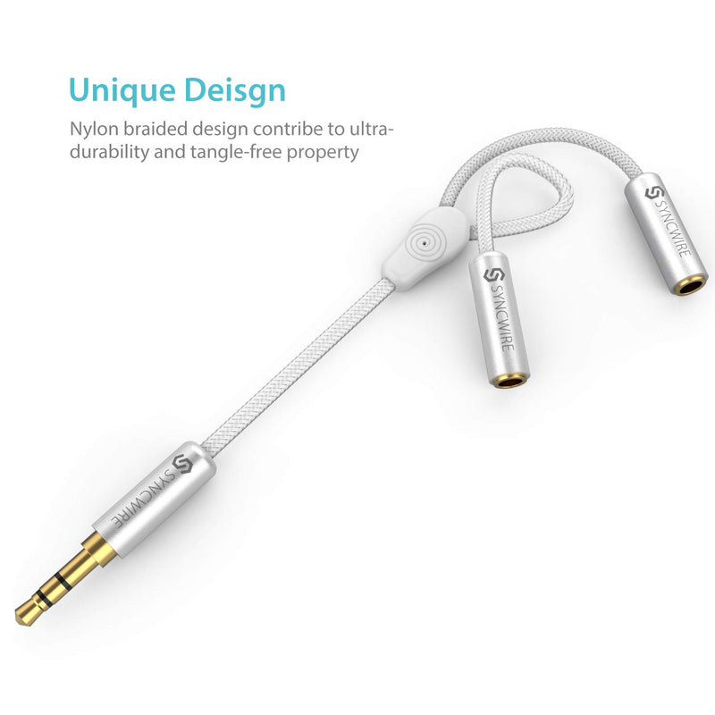 [Australia - AusPower] - Headphone Splitter, Syncwire Nylon-Braided 3.5mm Extension Cable Audio Stereo Y Splitter (Hi-Fi Sound), 3.5mm Male to 2 Ports 3.5mm Female Headset Splitter for Apple, Samsung & More - Silver 