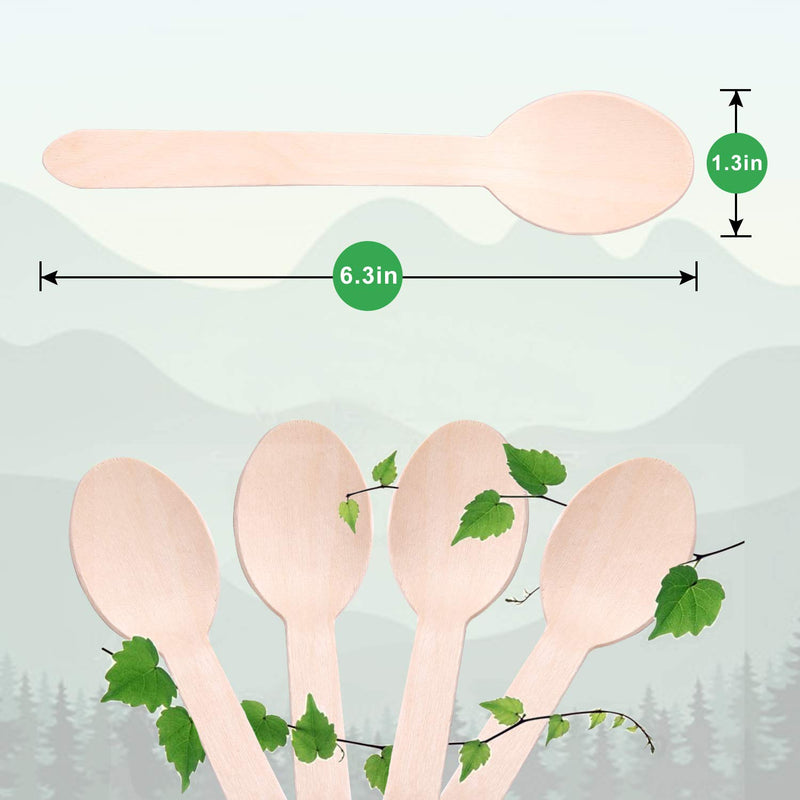 [Australia - AusPower] - HLSN Packaging Box Disposable Wooden Spoons 100 Pieces, 100% Natural Birch Biodegradable Spoons, Food Grade Disposable Spoons Disposable Wooden Cutlery for Parties, Weddings, Camping (6.3") 