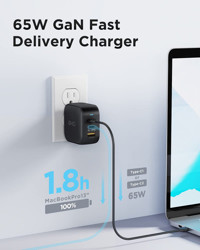 [Australia - AusPower] - USB C Charger, EHO 65W GaN II PPS Fast Charger Adapter, 3-Port Foldable Compact Wall Charger Compatible with MacBook Pro/Air, Galaxy S22/S21, Note 20/10+, iPhone 13/12, iPad Pro, and More, Black 