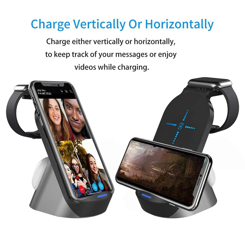 [Australia - AusPower] - Wireless Charger, 3 in 1 Wireless Charging Station Compatible with iPhone 13/12/11/Pro/Pro Max/X/XS/8, Fit for AirPods Pro, and Apple Watch SE 6/5/4/3-Black Black 