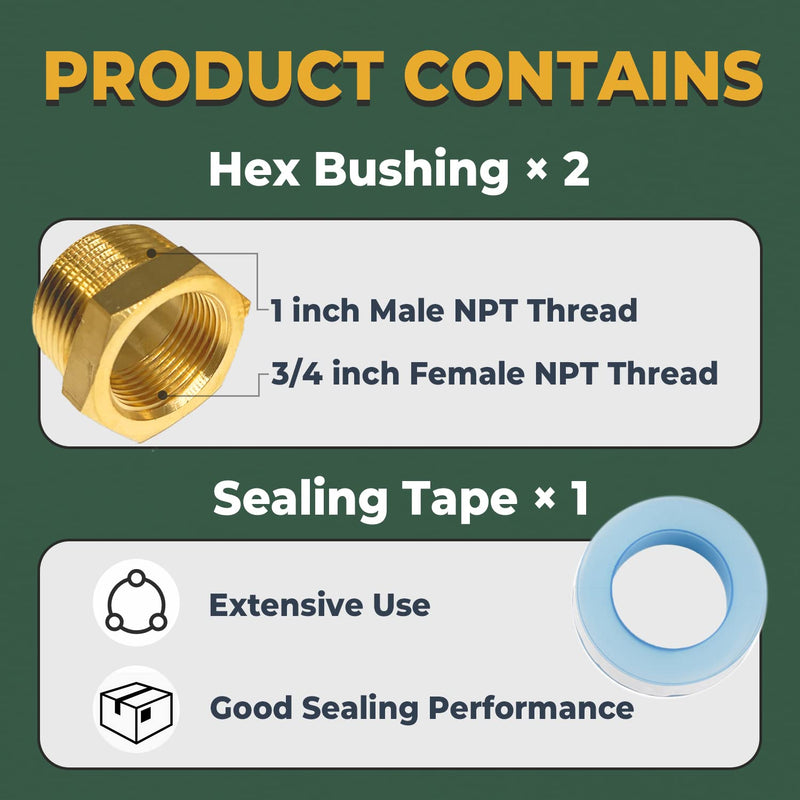 [Australia - AusPower] - LIONMAX Brass Hex Bushing Reducer 2PCS, Threaded Pipe Fitting Adapter, 1 Inch NPT Male X 3/4 Inch NPT Female, with Sealing Tape 