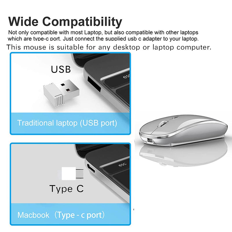 [Australia - AusPower] - Rechargeable Wireless Mouse for Mac Wireless Mouse for Laptop iMac MacBook Pro MacBook Air Desktop Computer Chromebook Windows (Silver) silver 