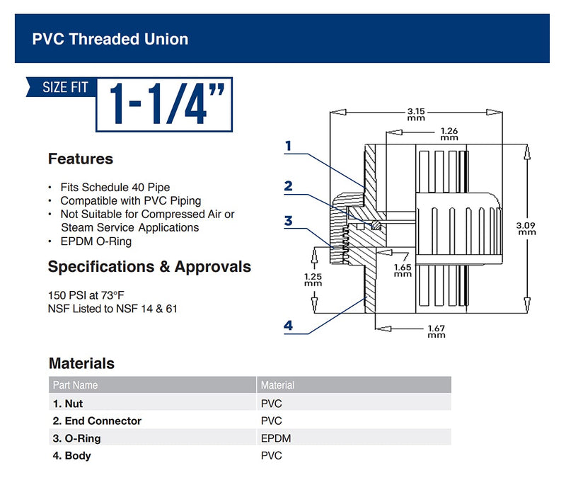 [Australia - AusPower] - Midline Valve PVC Union Coupling Pipe Fitting 1-1/4'' Solvent Connections White Plastic (597DV114) 1-1/4 in. 
