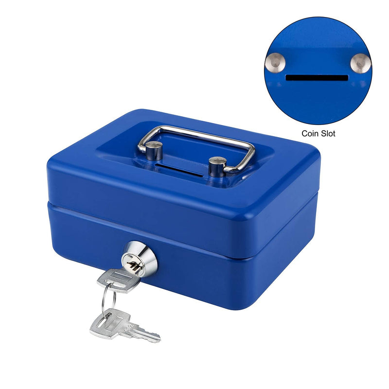[Australia - AusPower] - Cash Box with Lock and Slot for Kids Small Cash Box with Money Tray Metal Piggy Bank Safe Box 4.9" x 3.7" x 2.4" Blue X-Small Blue With Coin Slot 