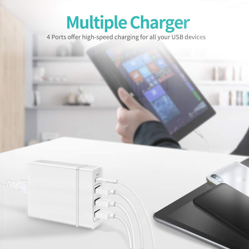 [Australia - AusPower] - USB C Charger, Nekteck 4-Port 72W USB Wall Charger with Type-C 60W Power Delivery PD Charger Station Compatible with iPhone 12 Pro Max, MacBook Pro, iPad Pro, Dell XPS, Surface Go, Pixel(White) White 