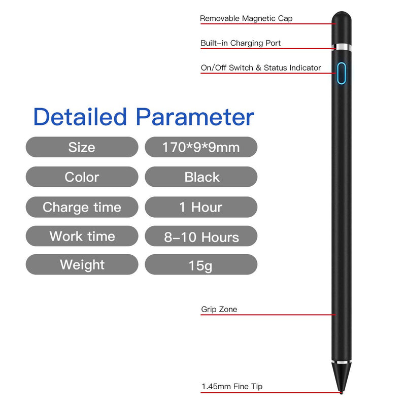 [Australia - AusPower] - AICase Stylus Pens for Touch Screens, 1.45mm High Precision and Sensitivity Point IPad Pencil Fine Point Active Smart Digital Pen for Tablet Work at iOS and Android Touch Screen (Black) Black 