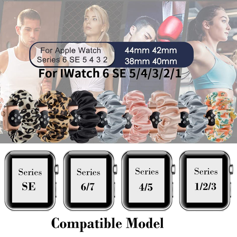 [Australia - AusPower] - 3/2 Packs Compatible with Apple Watch Band Scrunchies 38mm 41mm 42mm 40mm 44mm 45mm for Women,Elastic Flower Leopard Bracelet Wristband Compatible for Apple iWatch Series 7 6 5 4 3 2 1 SE,Soft and Easy to Wear 42mm/44mm/45mm S/M Black/Pink/Leopard 