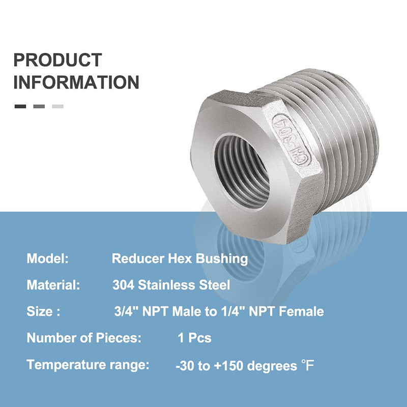 [Australia - AusPower] - Feelers 304 Stainless Steel Reducer Hex Bushing, 3/4" Male NPT x 1/4" Female NPT Reducing Cast Pipe Fitting 3/4"x1/4" 1Pcs 