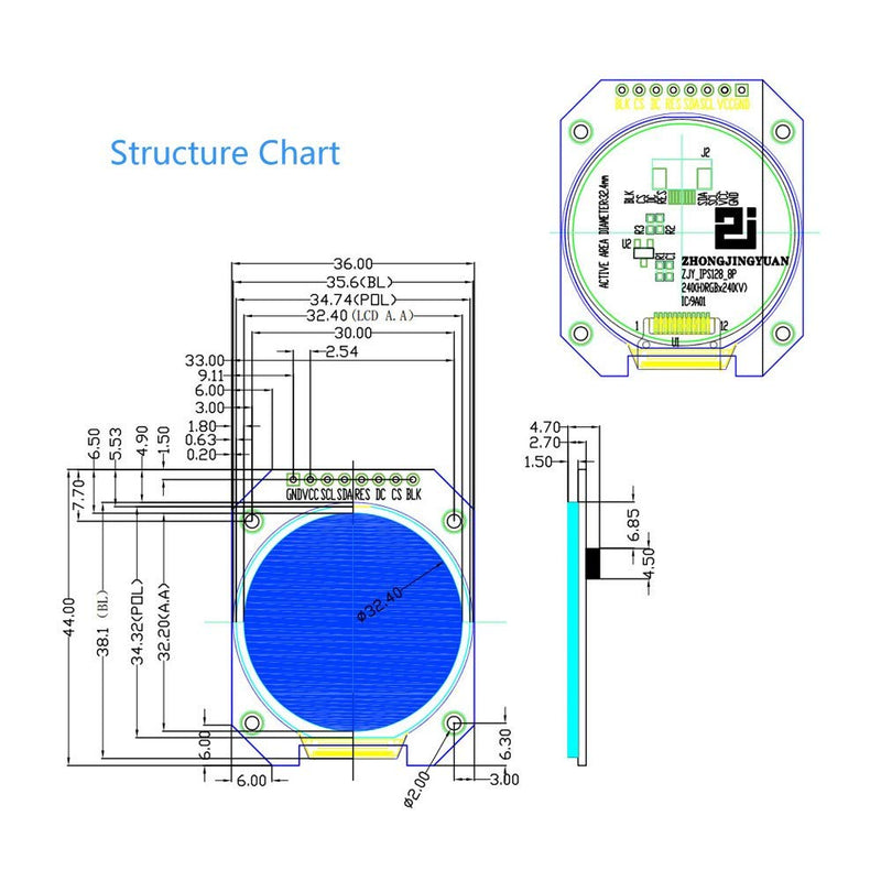 [Australia - AusPower] - DC 3.3V 1.28'' LCD Display Module, RGB 240x240 GC9A01 Driver SPI Interface 240x240 Resolution for Instrument Display, Mobile Devices and Display Equipment 