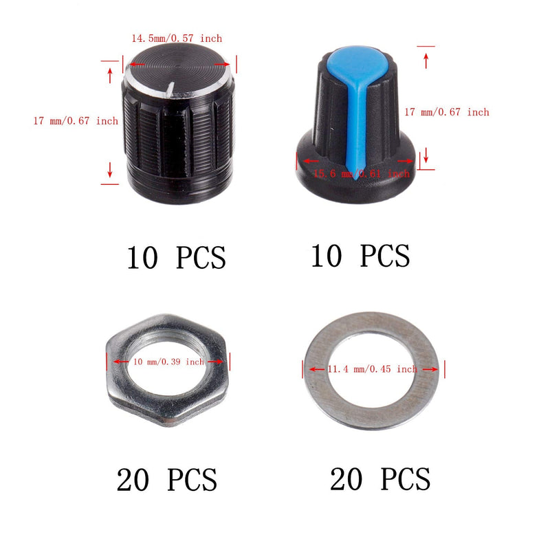 [Australia - AusPower] - BOJACK 20 Sets B10K Knurled Shaft 3 Terminals Linear Taper Rotary Potentiometer(WH148)10K Ohm Single Turn Carbon Film Variable Resistor with Black Aluminum & Blue Plastic Knobs Kit 