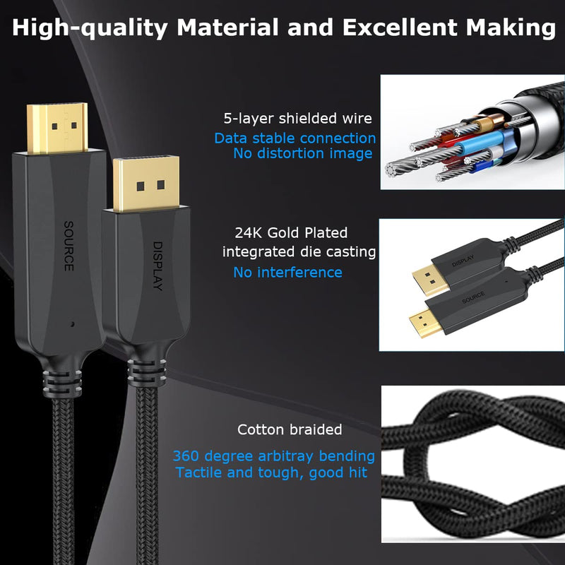 [Australia - AusPower] - 4K DisplayPort to HDMI Cable 6 ft, 4K DP (Display Port) to HDMI Adapter Cord 6ft Braided Male to Male Supports Video and Audio (4k, 2160P, 1440P, 1080P)-NOT Bidirectional 1 