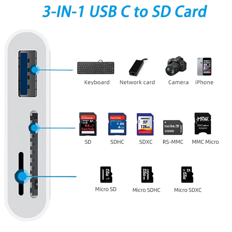 [Australia - AusPower] - USB C SD Card Reader Adapter, Type C Micro SD TF Card Reader Adapter, 3 in 1 USB C to USB Camera Memory Card Reader Adapter for New Pad Pro MacBook Pro and More UBC C Devices 