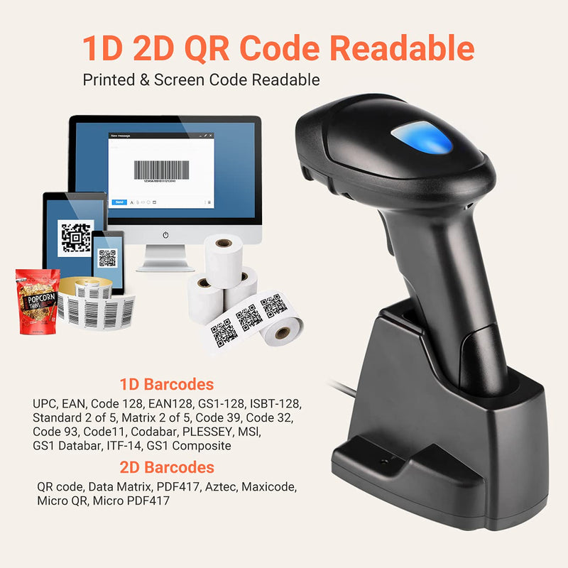 [Australia - AusPower] - Tera Wireless Barcode Scanner 1D 2D QR with USB Charging Base Handheld Bar Code Reader Scanner Automatic Sensing Fast Precise Scanner, D6100 