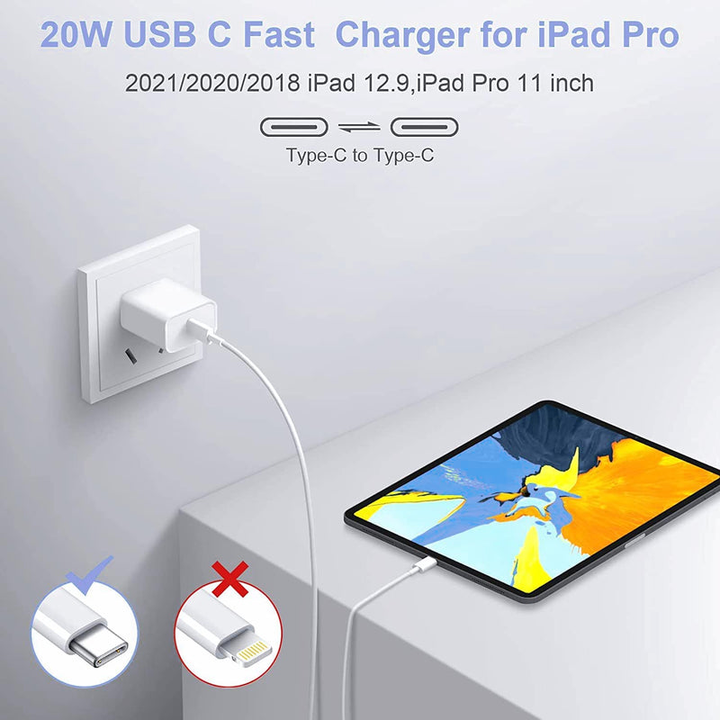 [Australia - AusPower] - iPad Pro Charger, Apple Tablet Charger Type C USB C Fast Charger PD Wall Charger Plug Block & 6FT USB C to C Charging Cable Compatible with iPad Pro 12.9 2021/20/18, iPad Pro 11 Gen 3/2/1,iPad Air 4th 