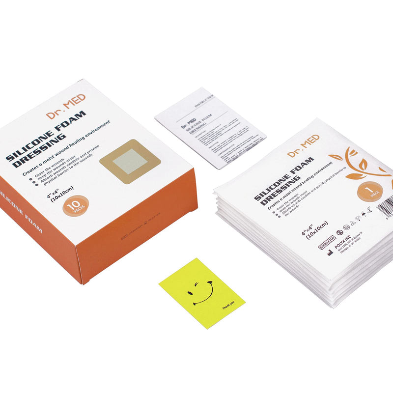 [Australia - AusPower] - Dr. Med Silicone Foam Dressing 4"x4", Waterproof Border Adhesive Wound Care Pad, Central Super-Absorbent Foam Bandage for Pressure Sore, Diabetic Ulcer, Leg Ulcer and Burns(10 PCS/Box) 4" x 4" (Pack of 10) 