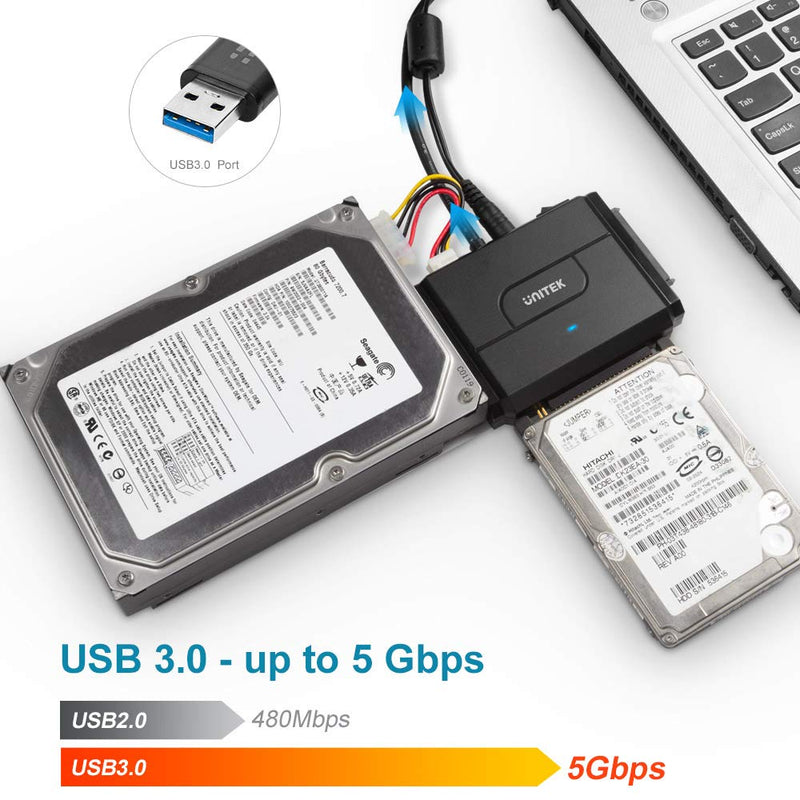 [Australia - AusPower] - SATA/IDE to USB 3.0 Adapter, Unitek IDE Hard Drive Adapter for Universal 2.5"/3.5" Inch IDE and SATA External HDD/SSD, Support 10TB USB A 
