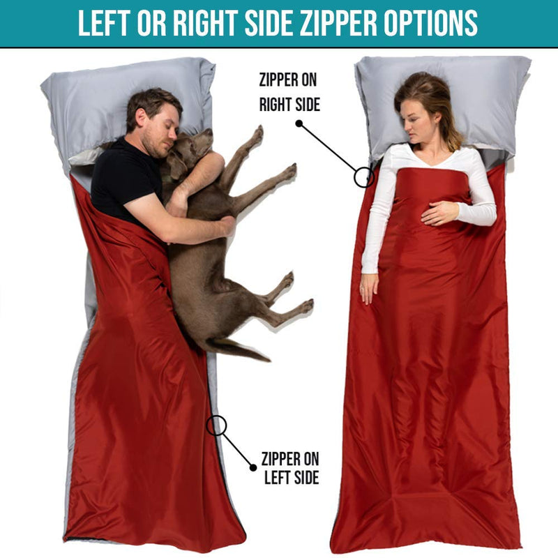 [Australia - AusPower] - Well Traveled Sleeping Bag Liner, Lightweight Adult Sleeping Sheet for Hiking, Backpacking and Camping, Easily Removable and Washable, Silky Smooth Fabric, Simple to Stuff Sack Red (Left Zipper) 