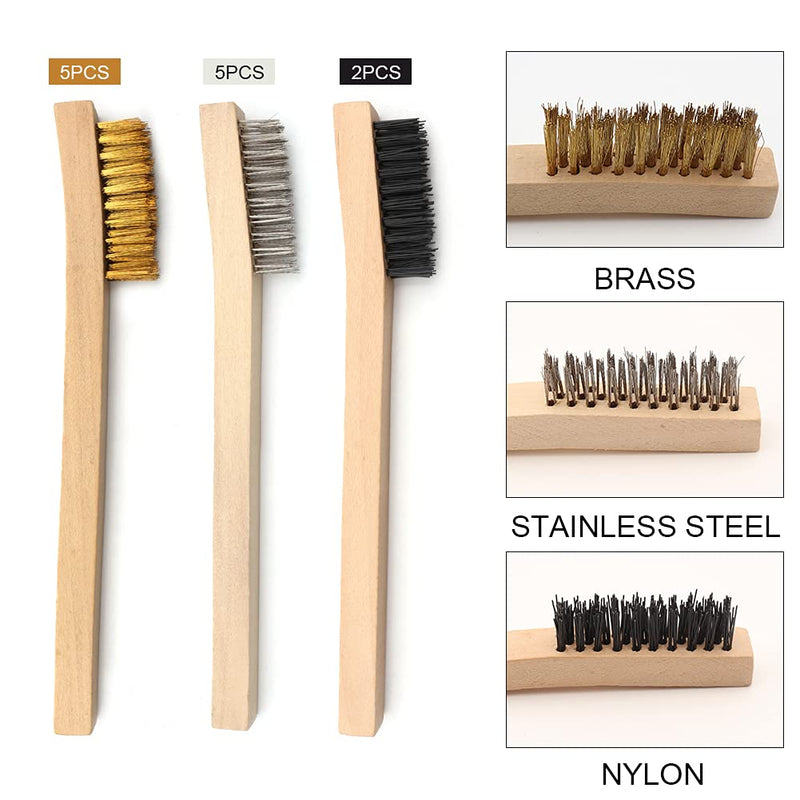 [Australia - AusPower] - Wire Brush Set,Detailing Cleaning Wire Scratch Brush,Brass,Nylon,Stainless Steel Bristles with Wood Handle,Small,12-Piece 