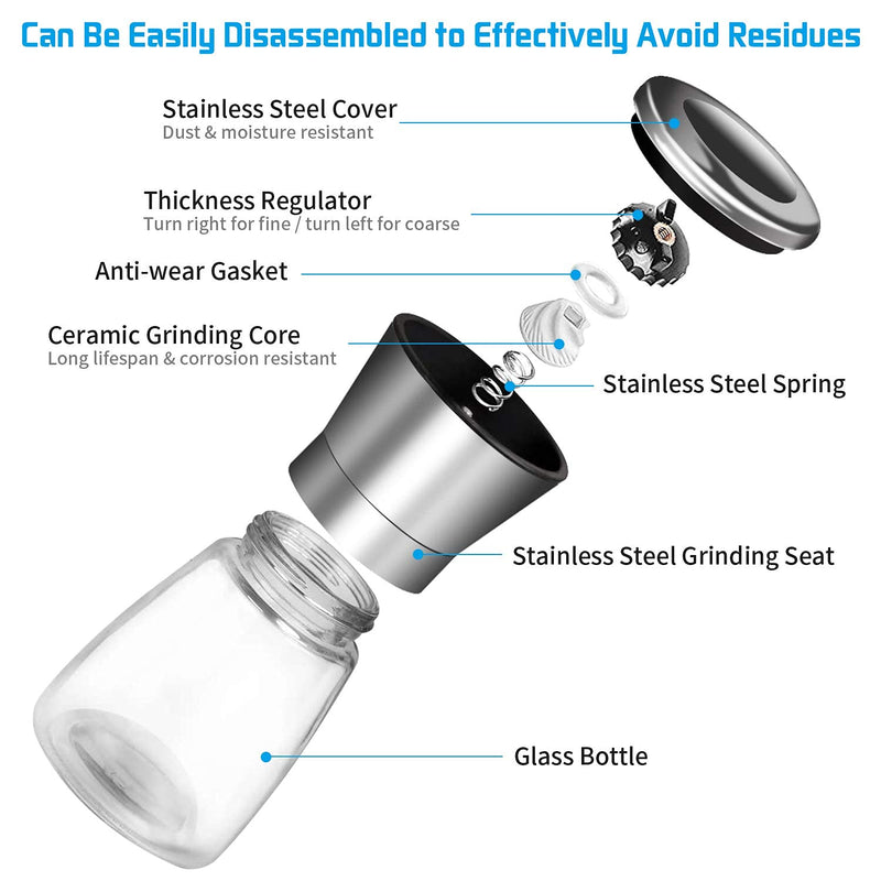 [Australia - AusPower] - Herda 2 Pack Refillable Salt and Pepper Grinders Set - Pepper Mill with Stainless Steel Head- Short Glass Shakers with Adjustable Coarseness for Sea Salt, Black Peppercorn, Spices 6oz 