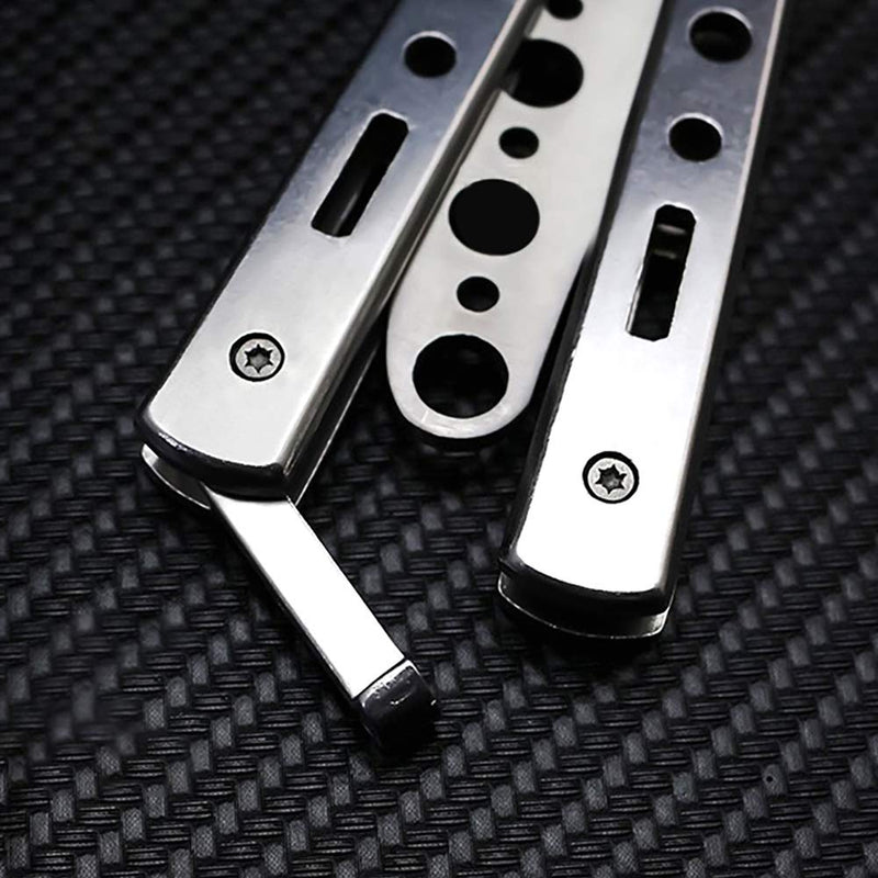 [Australia - AusPower] - HUACHENG Butterfly knife trainer, stainless steel training tool for training and practice, durable folding (Black and Silver, Set of 2). 