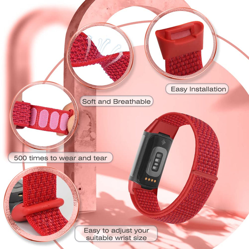 [Australia - AusPower] - AVOD Sport Loop Nylon Watch Bands Only Compatible with Fitbit Charge 5 Bands, Adjustable Breathable Replacement Soft Nylon Loop Wristband Accessories for Women Men for Charge 5 Advanced Fitness Tracker Pink Sand+Red Black+China Red 