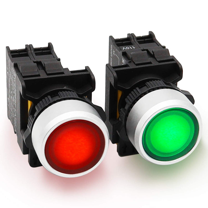 [Australia - AusPower] - mxuteuk 2Pcs Red Green LED Light Voltage 110V-220V 22mm 1NO 1NC Waterproof IP65 SPST Momentary Push Button Switch 10A 600V LA155-A1-11D-RG Red 1NC+Green 1NO 