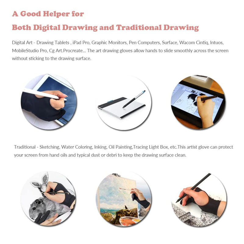 [Australia - AusPower] - Drawing Glove, 3-Layer Palm Rejection Digital Art Glove for Graphic Tablet, Artist Gloves with Two Fingers for iPad, Paper Sketching, Smudge Guard (2 PCS, Lager) 