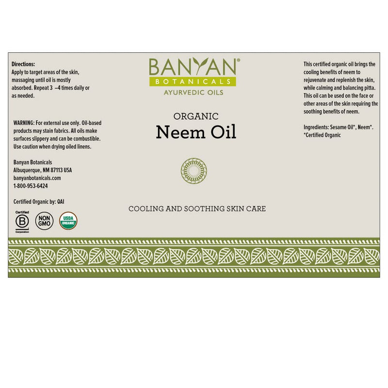 [Australia - AusPower] - Banyan Botanicals Neem Oil – Pure & Organic Neem & Sesame Oil – Traditional Ayurvedic Neem Oil that Cools & Soothes – Supports Healthy Skin, Hair, Nails & More – 4oz. – Non GMO Sustainably Sourced Vegan 4 Fl Oz (Pack of 1) 