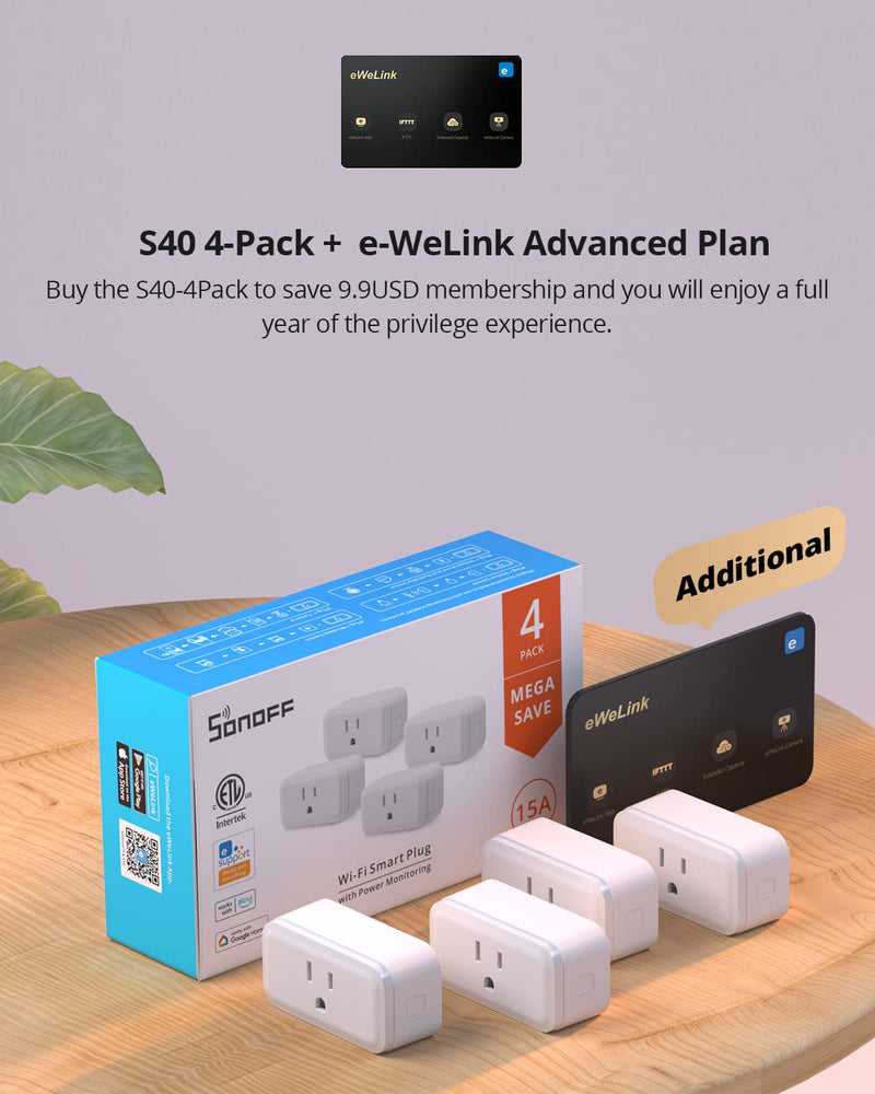 [Australia - AusPower] - SONOFF S40 WiFi Smart Plug with Energy Monitoring, 15A Smart Outlet Socket ETL Certified, Work with Alexa & Google Home Assistant, IFTTT Supporting, 2.4 Ghz Wi-Fi Only 4-Pack S40 4-Pack 