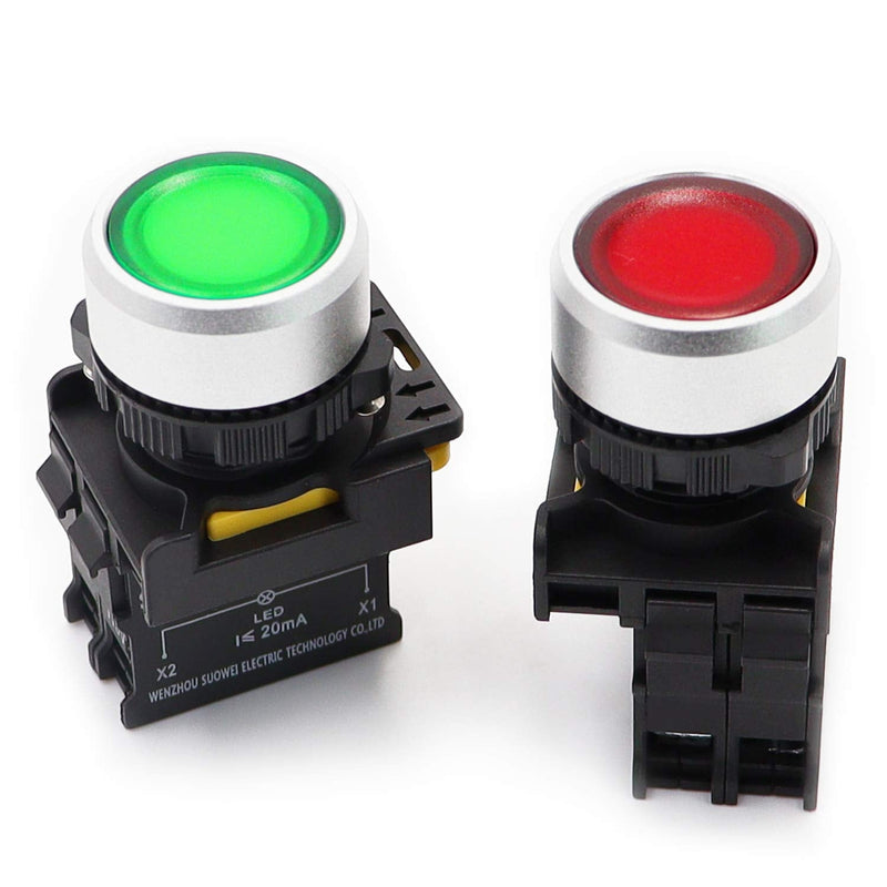 [Australia - AusPower] - mxuteuk 2Pcs Red Green LED Light Voltage 110V-220V 22mm 1NO 1NC Waterproof IP65 SPST Momentary Push Button Switch 10A 600V LA155-A1-11D-RG Red 1NC+Green 1NO 