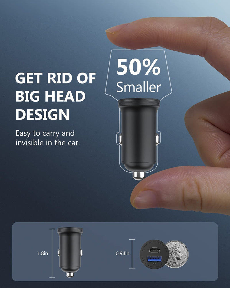[Australia - AusPower] - USB C Car Charger, 38W Fast Car Charger Adapter with 20W PD & 18W QC3.0 Dual Port Cigarette Lighter USB Charger, Compatible with iPhone 13/12/12 Pro/11/11 Pro/XS/XR/8, Galaxy, Pixel, Tablet Y-Black 