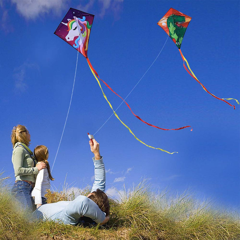 [Australia - AusPower] - Diamond Kite [2 Pack]Dinasour+Unicorn Eddy Kite, beginners Kite for Children, Wonderful Beginner Kite for 3 years up, 60x70cm with 2x300cm long tails, Kite handle, 60m String and swivel incloud 