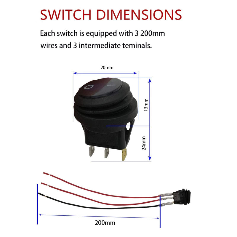 [Australia - AusPower] - 12 Volt Round Rocker Switch, [5Pcs] Waterproof 12V Toggle Switch with 20cm Detachable Wires and Hot Melt Intermediate Terminals, SPST 3 Pin On Off Switch with Blue LED Light for Car Boat Marine RV 