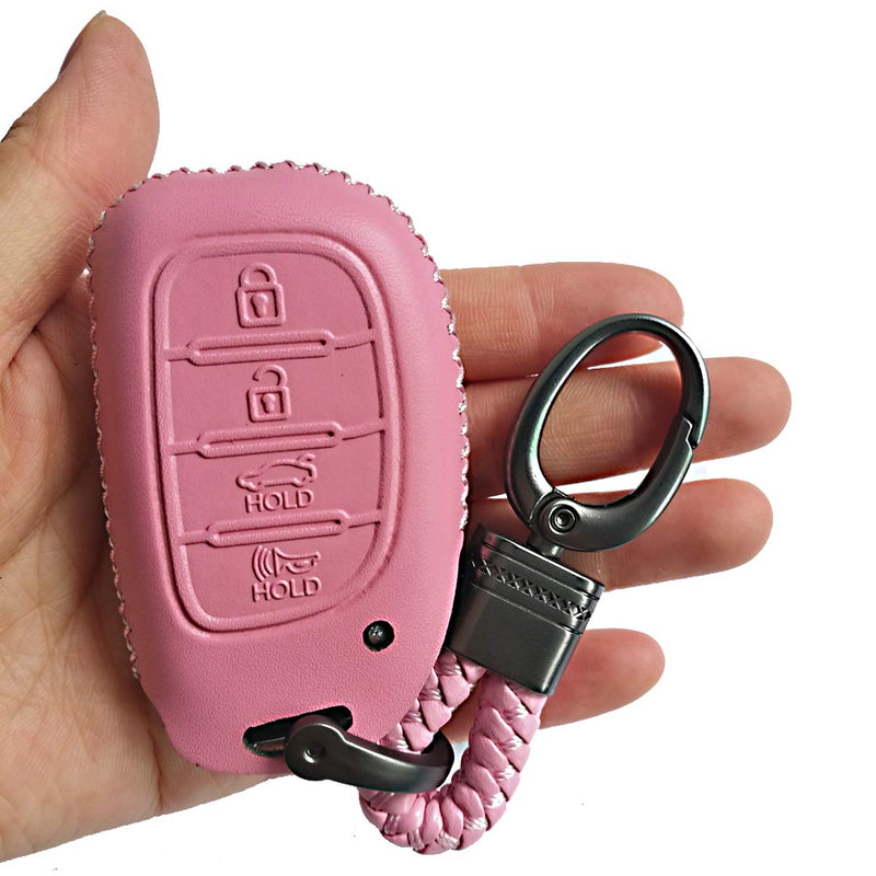 [Australia - AusPower] - Leather 4Btns Smart Key Fob Cover Case Remote Jacket Protector Fits for 2016 2017 2018 2019 2020 2021 Hyundai Tucson Elantra Sonata (NOT FIT Flip/Pop Out/Folding key） Pink 