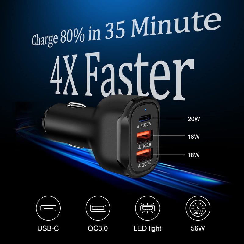 [Australia - AusPower] - 56W Super Fast USB C Type C Car Charger Fast Charging for Samsung Galaxy S22 Ultra/S22 Plus/S21/S20/A32/S10/Moto Edge 5G UW/G Stylus/G Power 2022, Android Cigarette Lighter USB Adapter Plug [PD+QC3.0] Black-56W 