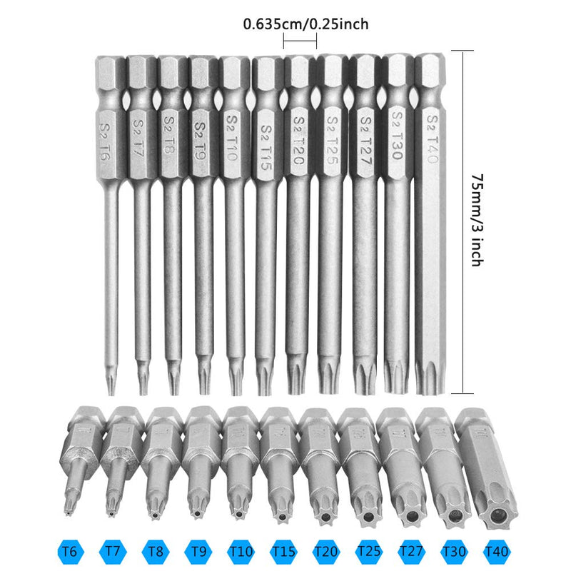 [Australia - AusPower] - 11 Pack Torx Head Screwdriver Bit Set,DanziX 1/4 inch Hex Shank T6-T40 S2 Steel 3 Inch Long Security Tamper Proof Screwdriver Drill Tool Kit with 1 Manual Handle 11Pack （T6-T40)*3Inch Length 