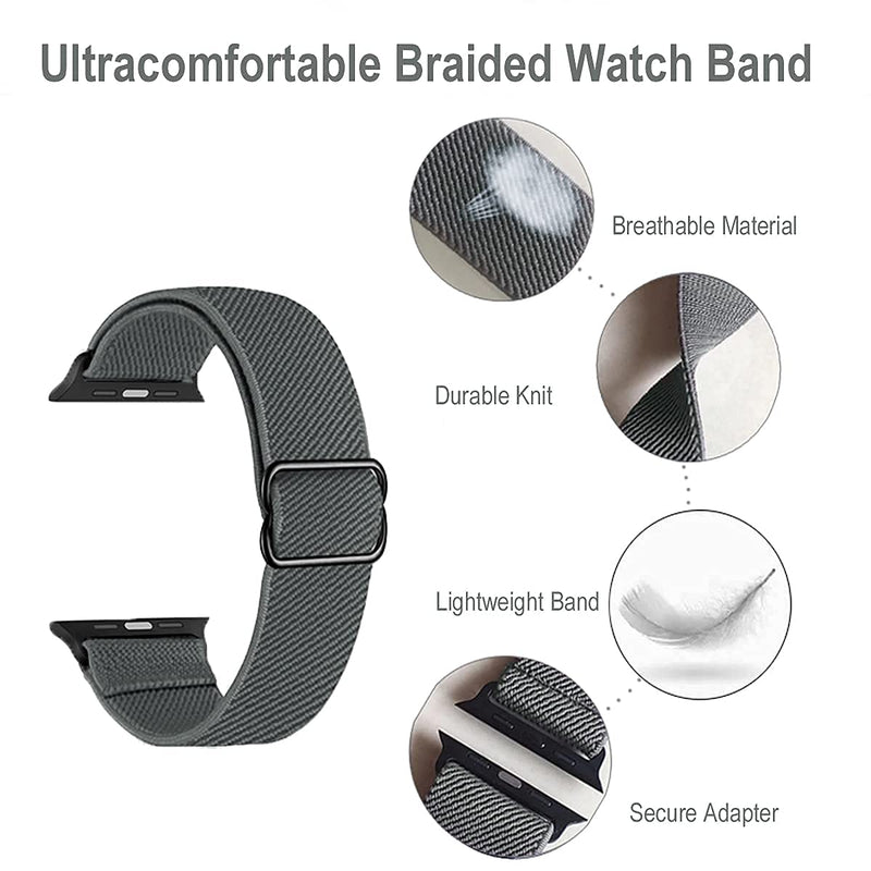 [Australia - AusPower] - 2 Pack Stretchy Adjustable Watch Bands Compitible with Apple Watch Band, Premium Nylon Replacement straps for iWatch Series 7/6/5/4/3/2/1/SE Men & Women 38/40/41/42/44/45mm Black+Gray 38mm/40mm/41mm 