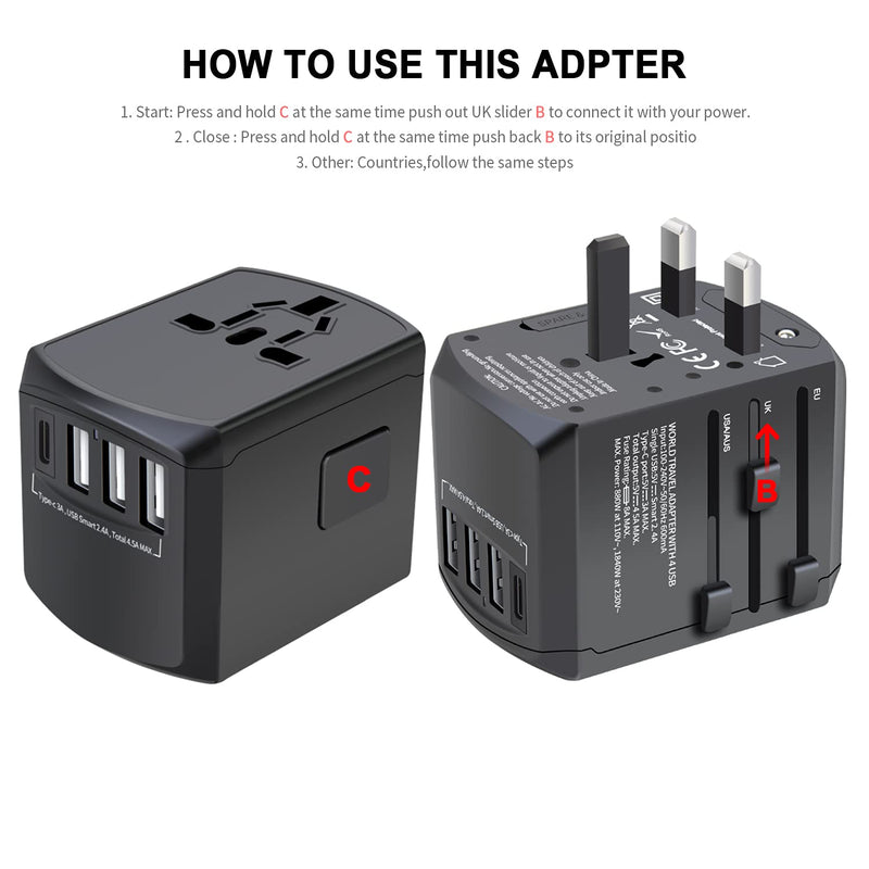 [Australia - AusPower] - Universal International Travel Power Adapter High Speed with 3 USB Ports and USB Type C, Worldwide Wall Charger, All in One AC Plug for Europe, UK, China, Australia, Japan- for Laptop, Cell Phones 