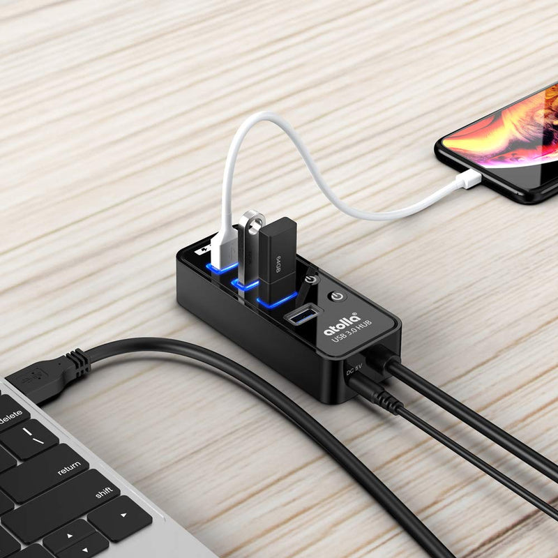 [Australia - AusPower] - Powered USB Hub Long Cord, atolla USB 3.0 Hub 4 + 1 Data Transfer and Charging Multiport with Power Supply Adapter 15W (5V/3A) and 3.3ft Meter USB 3 Extension Cable 