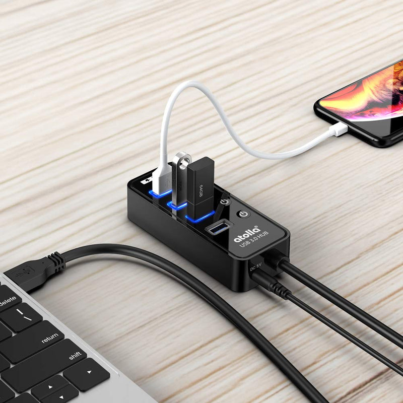 [Australia - AusPower] - Powered USB Hub, atolla 4-Port USB 3.0 Hub with 4 USB 3.0 Data Ports and 1 USB Smart Charging Port, USB Splitter with Individual On/Off Switches and 5V/3A Power Adapter 