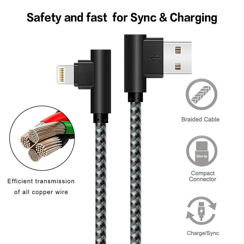[Australia - AusPower] - OCEEK MFI Certified Lightning Cable iPhone Charger Cable 90 Degree Right Angle 5Pack 3/3/6/6/10ft Fast Game Metal Long USB Cord iPhone 12/11/Pro/Max/X/XS/XR/XS/8/7/Plus/6/6S/SE-BlackGrey BlackGrey 