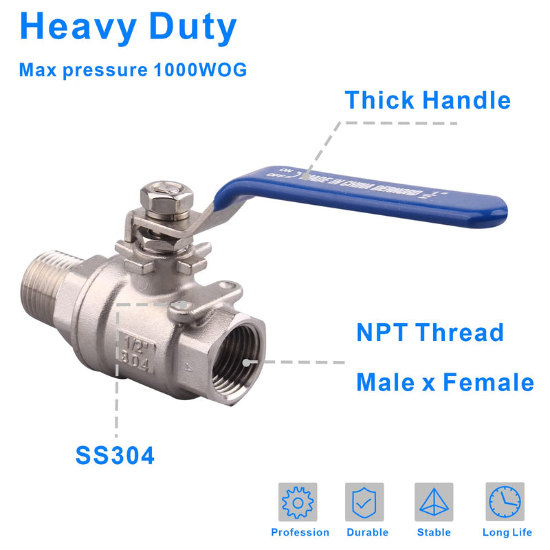 [Australia - AusPower] - DERNORD Full Port Ball Valve 1/2 Inch - Male x Female Stainless Steel 304 Heavy Duty for Water, Oil, and Gas,1000WOG (1/2 Inch NPT) 1/2 Inch NPT 