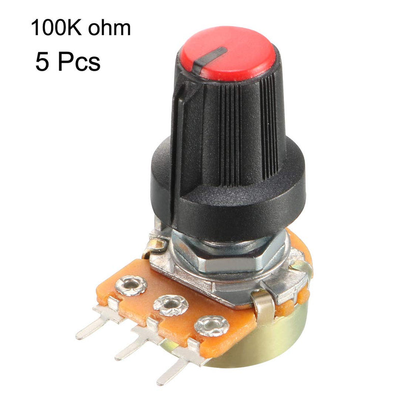 [Australia - AusPower] - uxcell 5Pcs 100K Ohm Variable Resistors Single Turn Rotary Carbon Film Taper Potentiometer with Knobs 