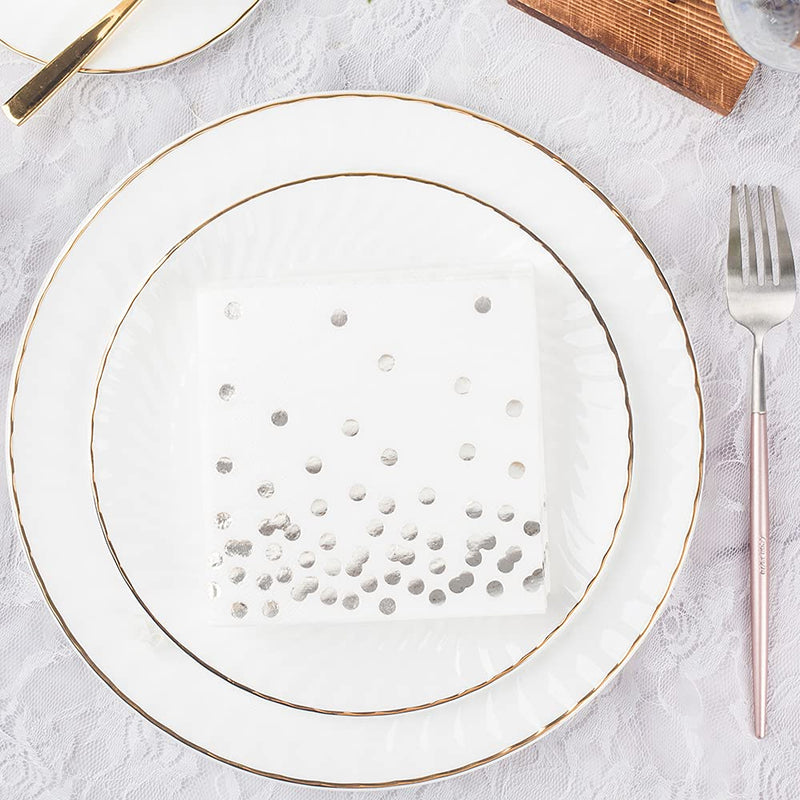 [Australia - AusPower] - 80 Pack of White Paper Cocktail Napkins with Gold Foil Polka Dot Confetti，Polka Dot Party Supplies(5 x 5 in，3-ply) (Silver) silver 