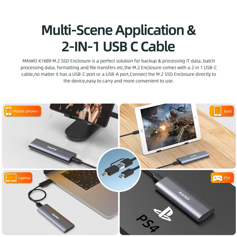 [Australia - AusPower] - MAIWO M.2 SSD Enclosure Adapter,USB C to M.2 NVME/SATA,MAX 10Gbps,Support 2TB Storage Expansion,Support M or B&M Keys,Aluminum Alloy,Tool Free,Automatic Sleep (FIts 2230/2240/2260/2280) 